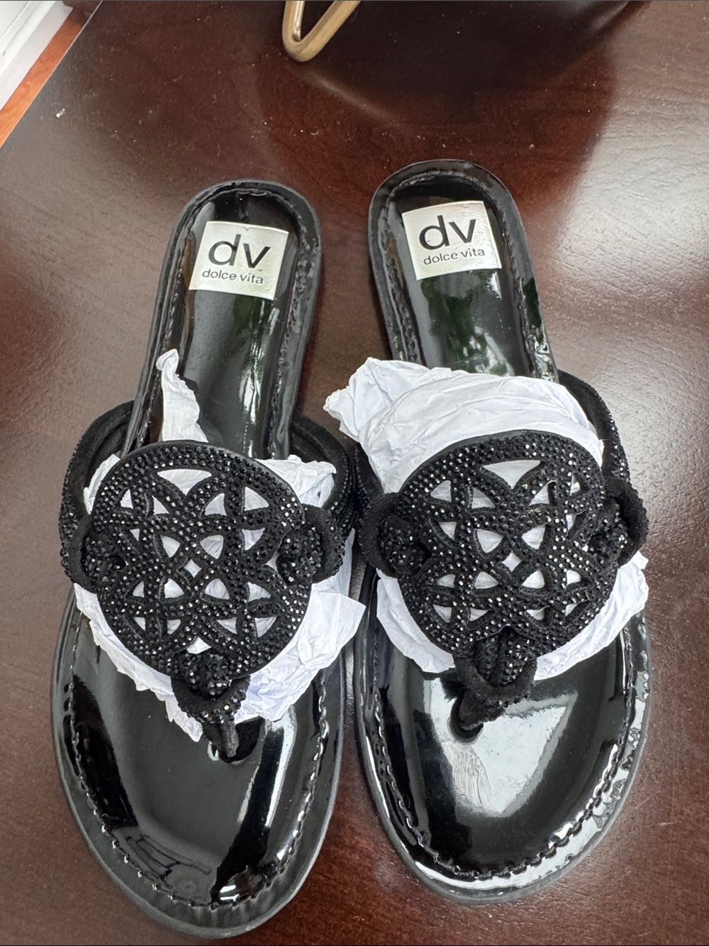 Dolce Vita Black Beaded Medallion Patent Slide Sandals